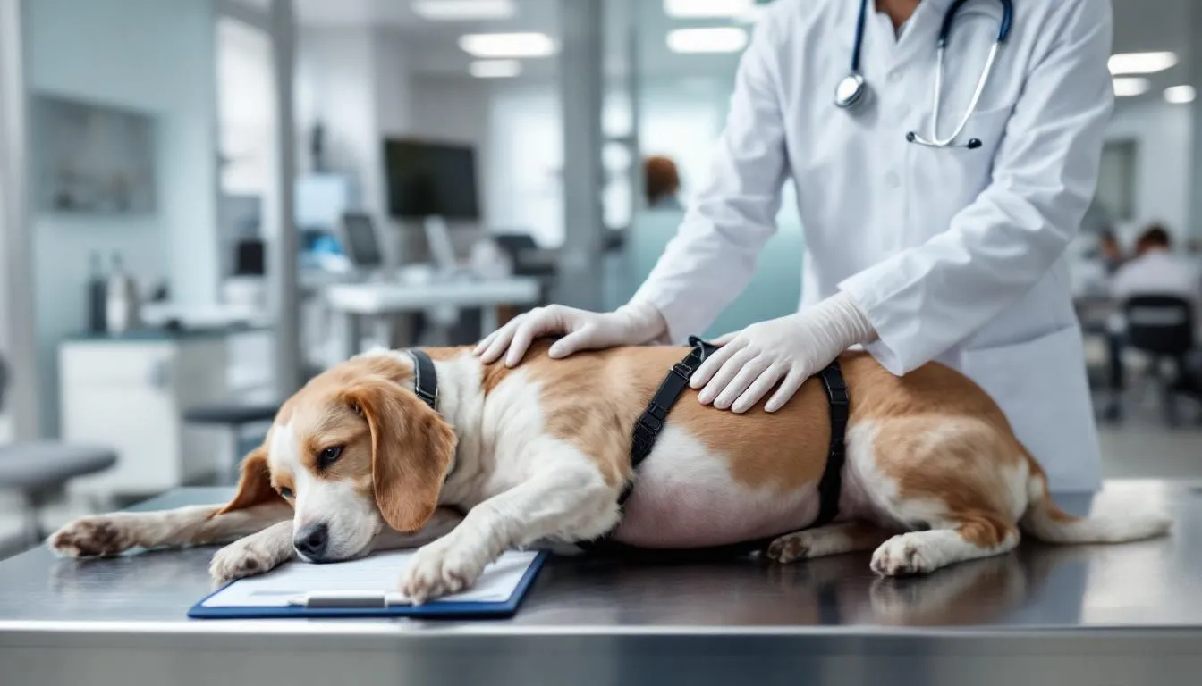 A veterinarian is examining a female dog