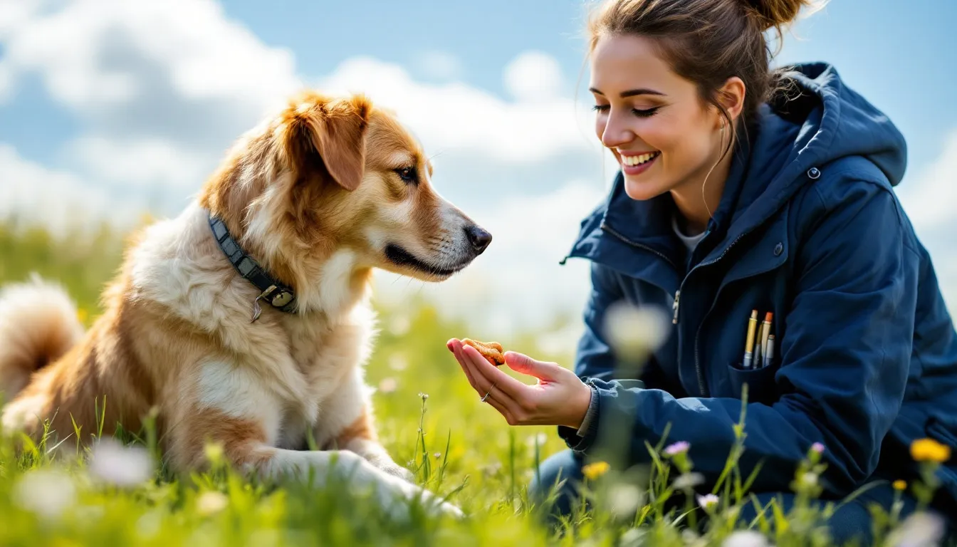 A rescue dog being rewarded with treats during training.