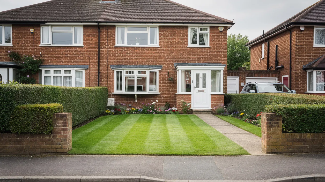 The image depicts a beautifully maintained lawn in front of a semi-detached house in a suburban area of the UK, showcasing vibrant green grass that reflects the results of effective lawn care practices. This healthy lawn highlights the benefits of professional lawn care services, as well as the potential for homeowners to achieve similar results through DIY lawn care efforts.