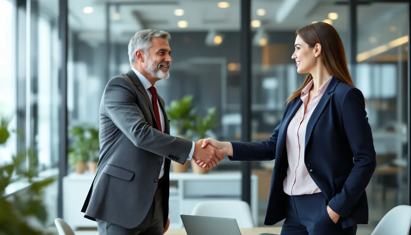In a professional setting, two business people engage in a firm handshake during a hiring process, symbolizing a strategic alliance that could lead to future opportunities for the company. This interaction reflects the orderly manner in which key decisions are made to protect the interests of both the employees and the organization.