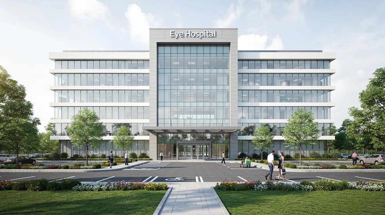 The image showcases a modern eye hospital with a sleek glass facade surrounded by lush green landscaping, emphasizing a blend of advanced healthcare facility design and patient care. This eye hospital is equipped to provide services such as cataract surgery and pediatric ophthalmology, ensuring high-quality care and patient satisfaction.