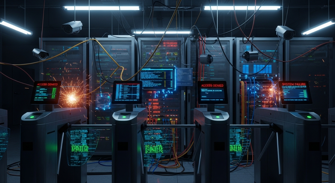 Cyberattack targeting university systems while physical access controls flicker or fail.