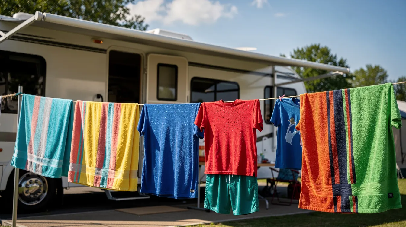 Colorful towels and clothing are hanging on a line beneath an RV awning, basking in the sunlight on a bright day. This scene captures the essence of laundry day on the road, showcasing the convenience of air drying clothes while enjoying the great outdoors.