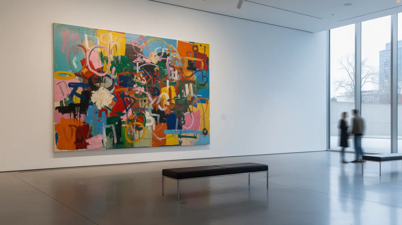 A vibrant contemporary painting is displayed in a bright, modern gallery, showcasing bold colors and abstract forms that reflect current trends in the art market. This piece could be a valuable addition to the investment portfolios of art collectors and institutional investors alike.