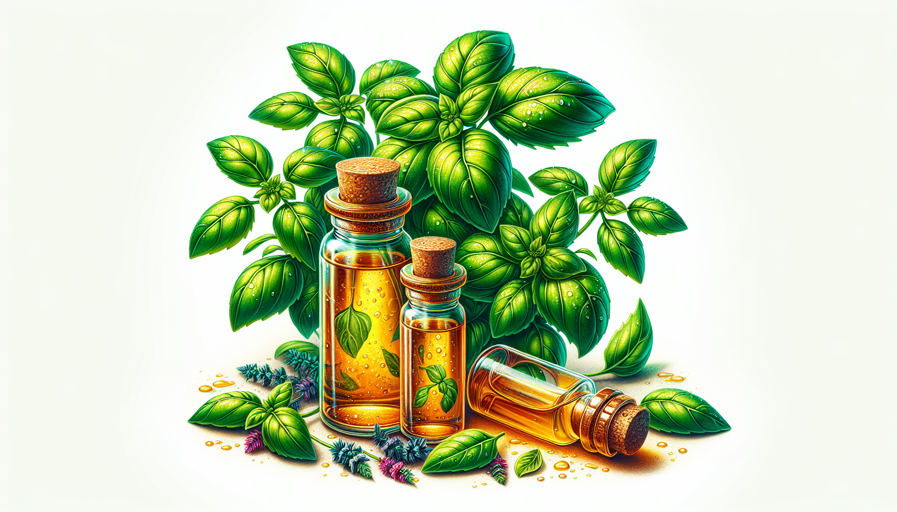 Illustration of fresh basil leaves and essential oils utilizing AI