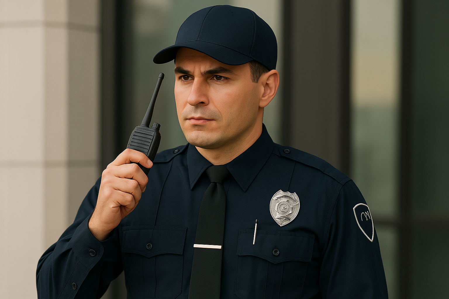 Professional security officer in navy uniform using a two-way radio outside a modern office building, demonstrating vigilance and rapid incident response in mission-critical security services.