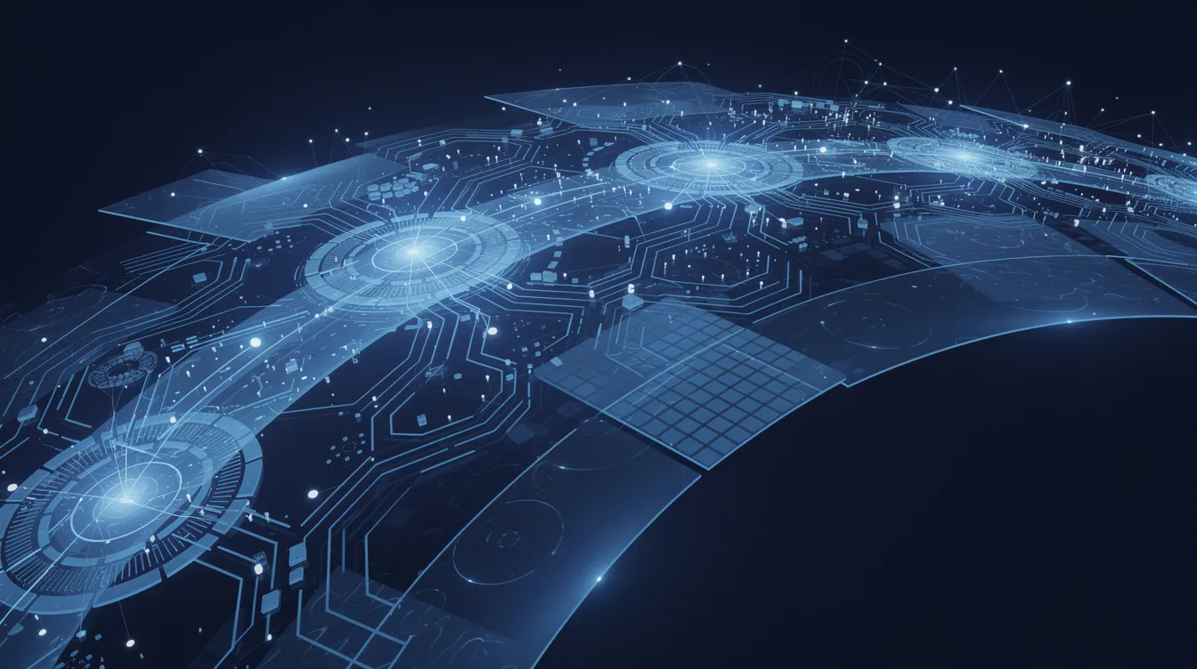 Imagen abstracta que muestra nodos digitales interconectados y caminos, simbolizando la integración de la tecnología en un entorno de color azul. Esta representación sugiere la automatización y el uso de inteligencia artificial en centros de contacto, mejorando la eficiencia y la satisfacción del cliente en tiempo real.