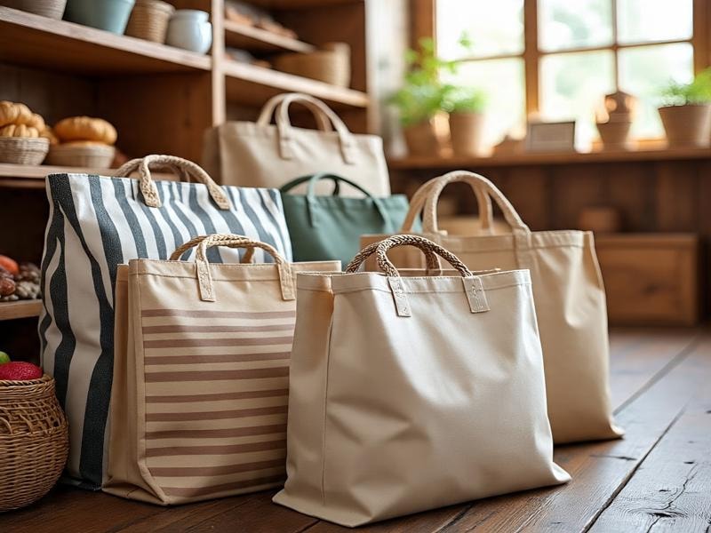 An image of several beige and patterned canvas shopping bags with strong handles, placed on a wooden floor in a cozy shop with baskets and shelves in the background.