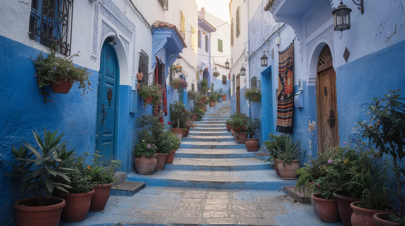 The image depicts a charming narrow street in a Moroccan town, adorned with vibrant blue walls, potted plants, and traditional doorways, showcasing the unique architecture characteristic of this beautiful country. This scene captures the essence of exploring the blue city, a must-see on any Morocco road trip itinerary.
