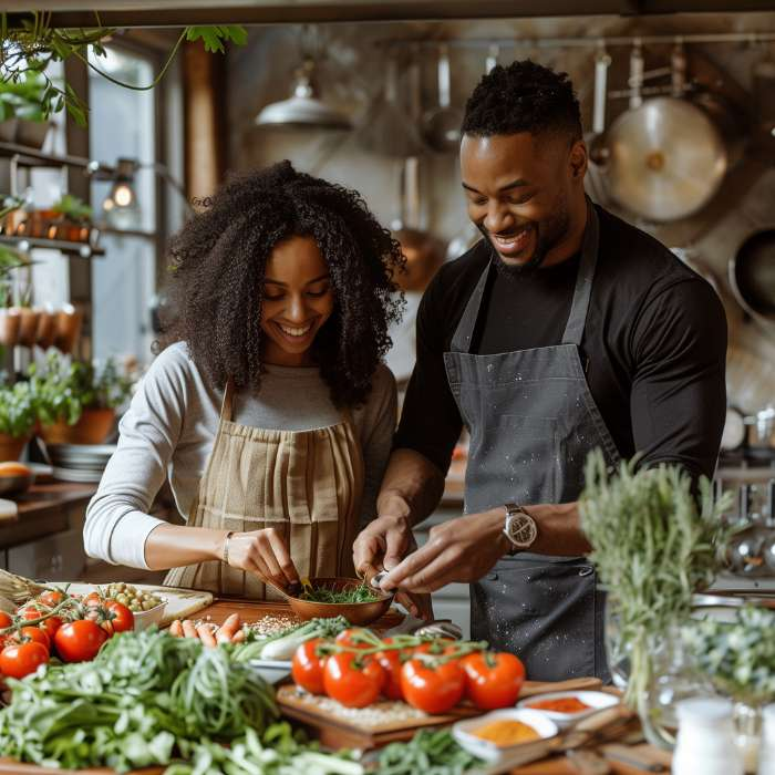 A couple joyfully preparing a healthy meal with fresh vegetables and herbs in a home kitchen, embodying vitality and well-being wirh A.Vogel multiforce alkaline powder, from The Good Stuff Health Shop.