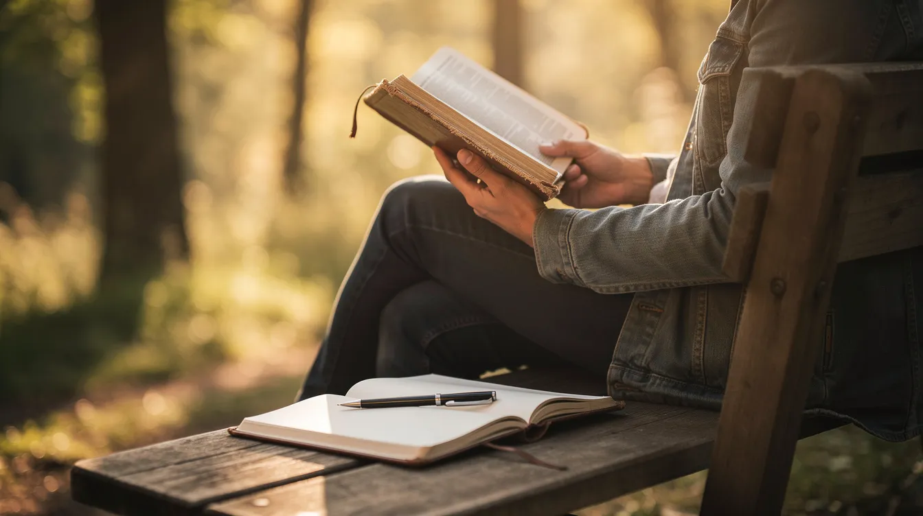 A person is sitting outdoors in warm morning light, deeply engaged in reading a well-worn Bible, with a journal and pen placed beside them, suggesting a moment of spiritual discipline and reflection. This scene embodies the curiosity that leads to understanding God's word and the desire to explore biblical truths.