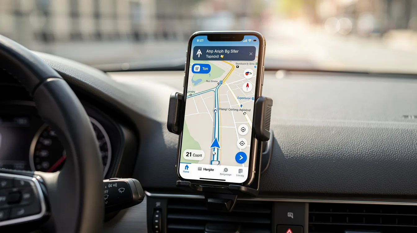 Ein Smartphone ist in einer Autohalterung am Armaturenbrett platziert und zeigt eine Navigations-App an, die dem Fahrer hilft, den besten Weg zu finden. Diese Lösung könnte Teil des Produktportfolios von Vimcar sein, das auch Funktionen für das Fuhrparkmanagement bietet.