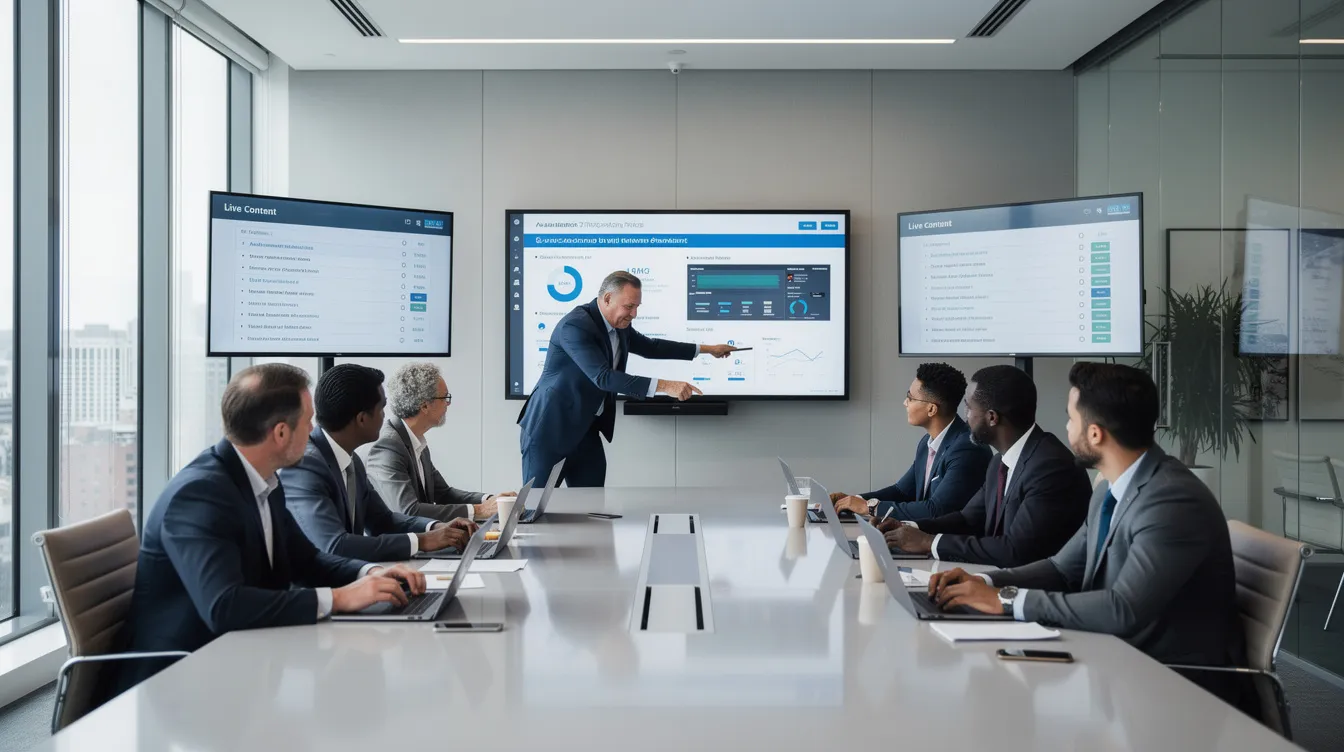 Association leaders review digital content together in a conference room while discussing AI-generated outputs and the need for accuracy checks.