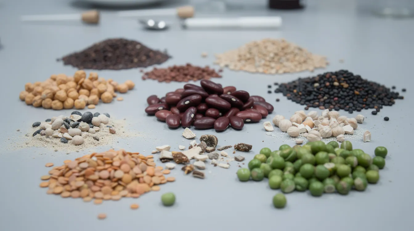 be4c5b4f bb7a 4b15 9403 85a550e8225e A close-up view of various pulse grains, including green gram and black gram, is displayed on an inspection table, highlighting their differences in color, size, and purity. This inspection process is crucial for ensuring compliance with food safety and quality management systems, as well as maintaining hygiene standards in agricultural commodities.