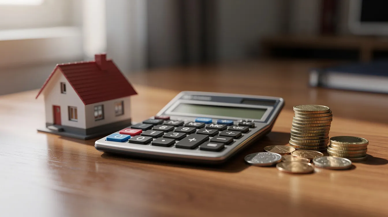 The image features a calculator on a wooden desk, accompanied by a small model house and a few coins, suggesting a focus on financial planning or loan calculations. This scene may relate to 公務員 貸款, highlighting the importance of tools for managing financial details like interest rates and repayment terms.