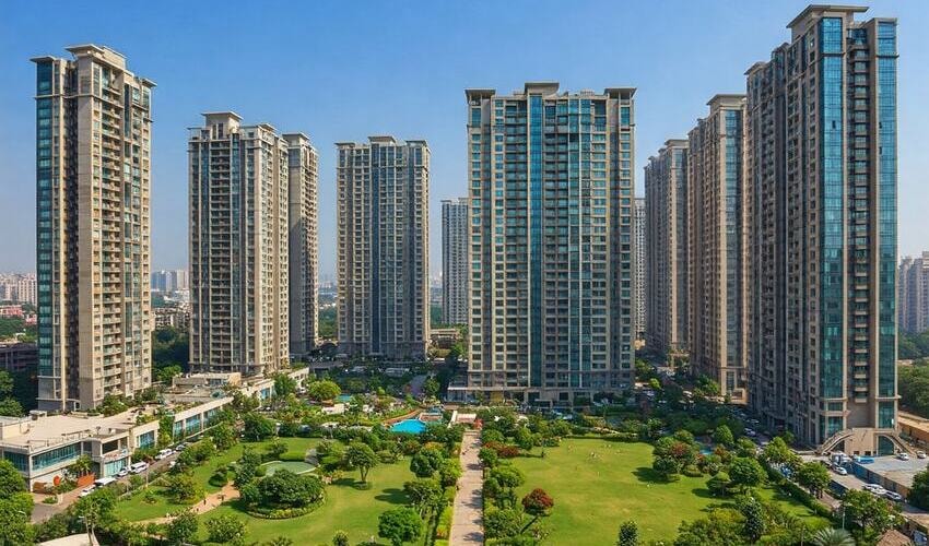 Modern skyline of Pimple Nilakh, Pune. High-rise apartments showing its development into a top residential hub.