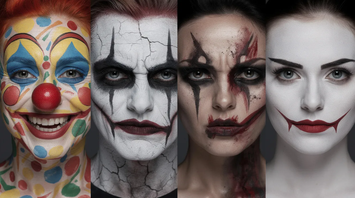 Die Abbildung zeigt vier unterschiedlich geschminkte Gesichter in einer Reihe, jedes mit einer eigenen grotesken Clown-Make-up-Variante, die von bunt und komisch bis hin zu düster-theatralisch und minimalistisch bedrohlich reicht. Diese Darstellung erinnert an Figuren aus Filmen wie "Joker", in denen Wahnsinn und die Gesellschaftskritik im Vordergrund stehen.