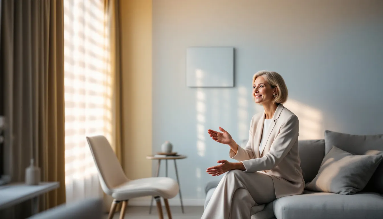 An expert discussing the benefits of blackout window shades in a cozy setting.