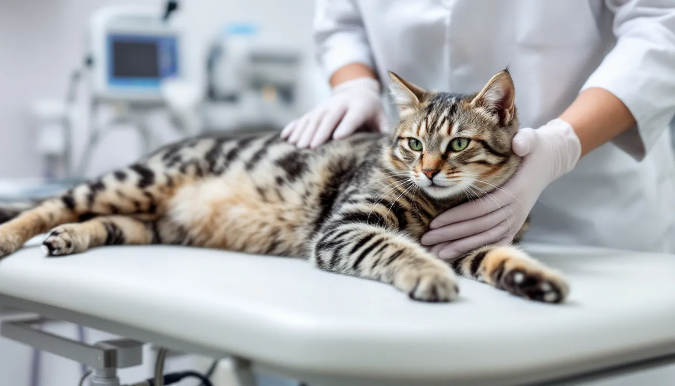 Een tabby kat wordt onderzocht door een dierenarts, die aandachtig naar de symptomen van de kat kijkt, zoals kwijlen en verminderde eetlust. De dierenarts probeert een diagnose te stellen om eventuele virale infecties of andere klachten te achterhalen.