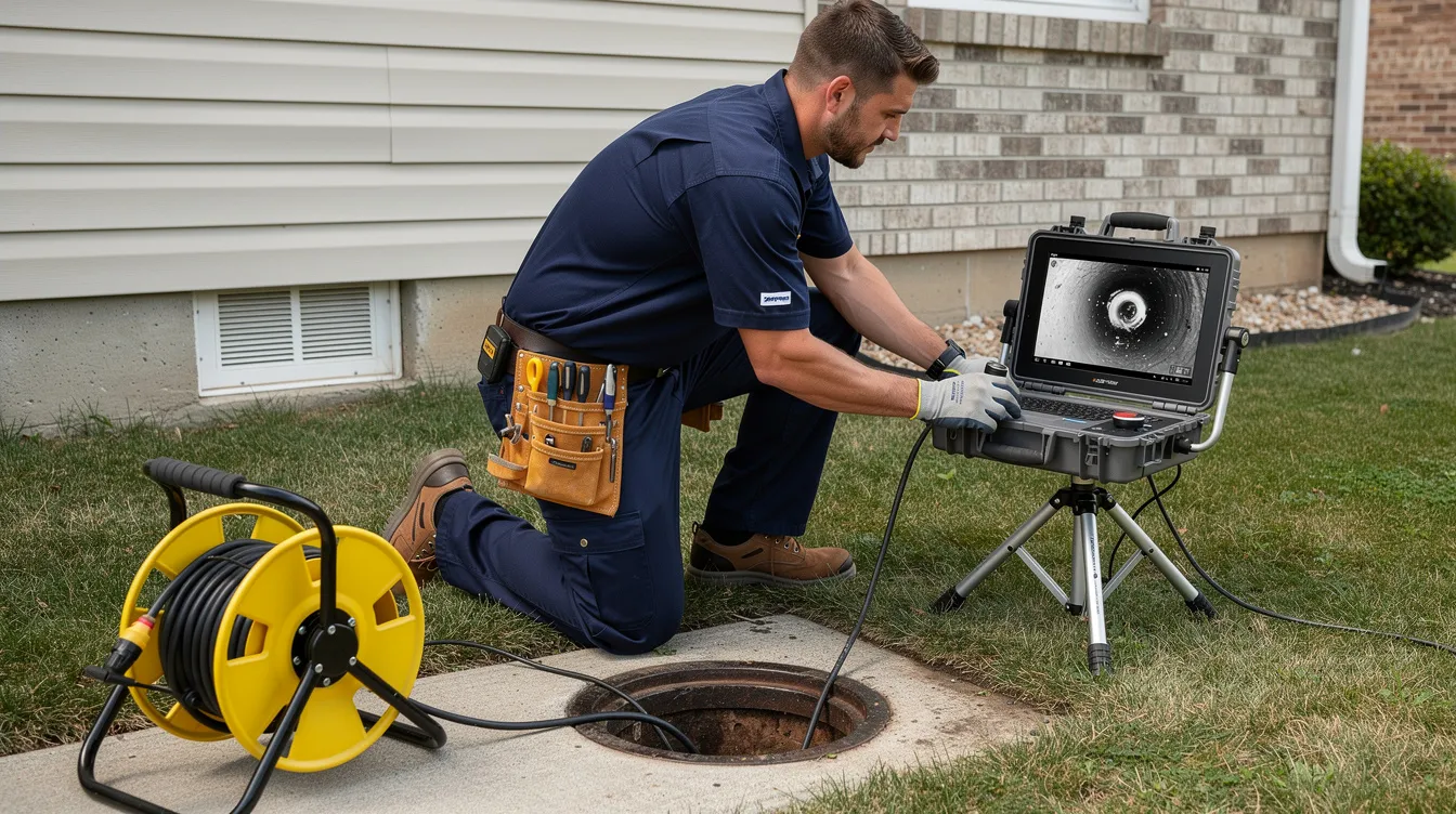 A professional plumber kneels beside a sewer camera monitor and reel outside a residential house, preparing for a sewer camera inspection to assess the condition of the sewer line. This specialized equipment helps identify potential issues in the plumbing system, such as tree roots or cracks, to avoid costly repairs in the long run.
