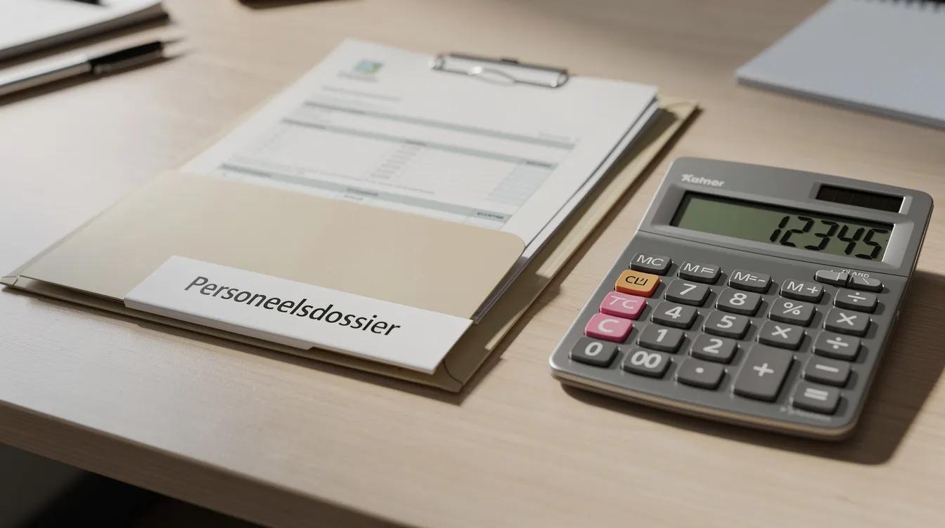 Op een bureau liggen een personeelsdossier en een rekenmachine, wat suggereert dat er gewerkt wordt aan het bijhouden van vakantiedagen, zoals wettelijke en bovenwettelijke vakantiedagen. De rekenmachine kan gebruikt worden om het aantal openstaande vakantiedagen of bovenwettelijk verlof te berekenen.