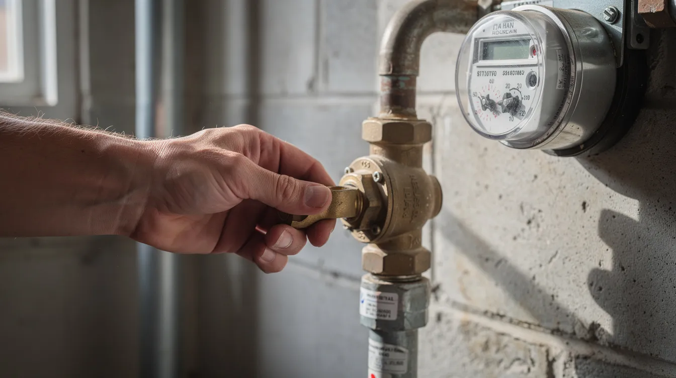 A close-up image shows a homeowner's hand turning the main water shut-off valve located near a residential water meter, emphasizing the importance of plumbing services for managing leaks and plumbing issues in the home. This action highlights the need for skilled technicians to provide dependable service and maintain efficient water systems.