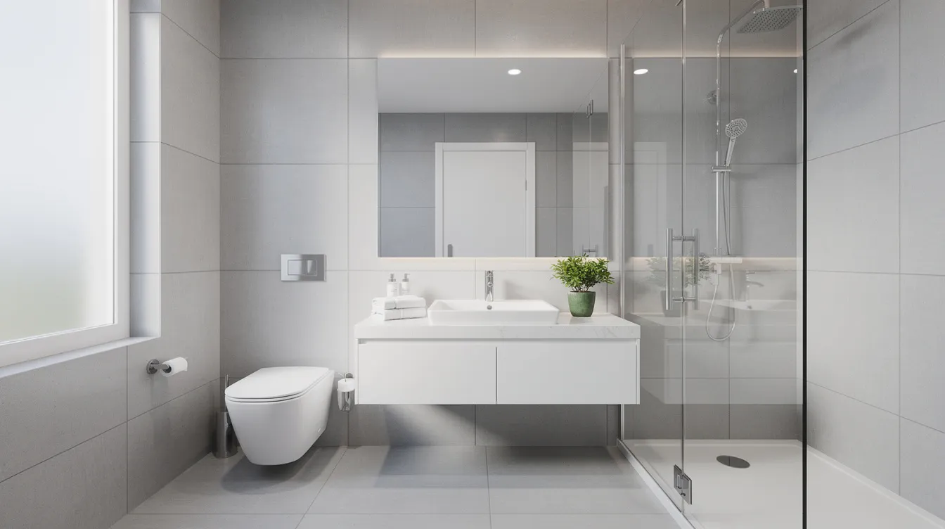 The image depicts a modern bathroom featuring sleek white fixtures, including a toilet, sink, and a glass shower enclosure. This stylish space is designed for efficiency and comfort, showcasing essential plumbing fixtures that many homeowners appreciate for their functionality and aesthetic appeal.
