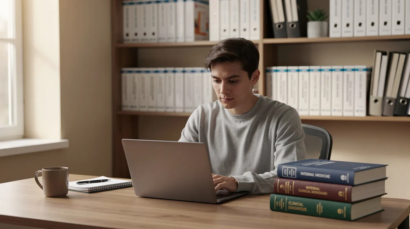 A person is seated at a laptop in a cozy home office, surrounded by medical reference books, indicating a focus on medical billing and coding. This setting suggests a professional environment where the individual may be engaged in processing patient data or studying for a medical coding certification exam.