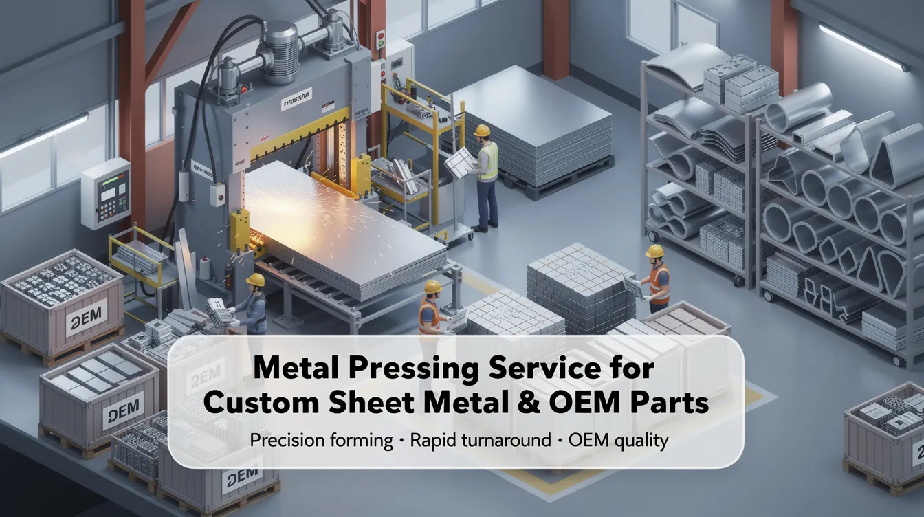 The image showcases a variety of custom sheet metal parts produced through precision sheet metal fabrication, highlighting the metal pressing service's capabilities in creating complex shapes and components from materials like steel, aluminum, and brass. The scene captures industrial machinery in action, emphasizing the fabrication process, including laser cutting and bending, to meet exact specifications for various industries.
