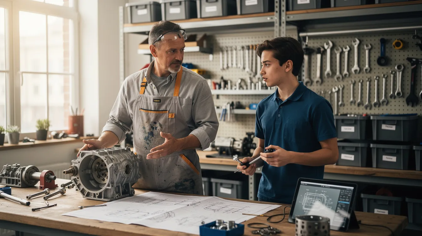 A mentor and apprentice collaborate in a modern workshop, actively engaging in hands-on training to enhance their skills. This apprenticeship program exemplifies teamwork and the effective use of apprenticeship management software to track progress and support learning.