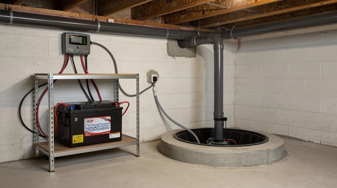 The image depicts a battery backup sump pump system installed on a shelf in a basement, positioned next to a sump pit. The deep-cycle battery ensures operation during power outages, helping to prevent flooding and water damage by pumping out standing water from the pit.
