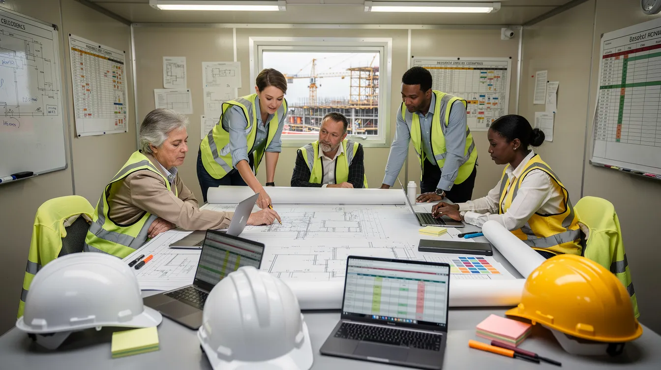 A construction project leadership team is gathered inside a job site trailer, reviewing blueprints and schedules, with hard hats placed on the table. This scene reflects the ongoing industrial investment and digital infrastructure projects, particularly in Central Texas, as teams prepare for upcoming challenges in data center construction and expansion.