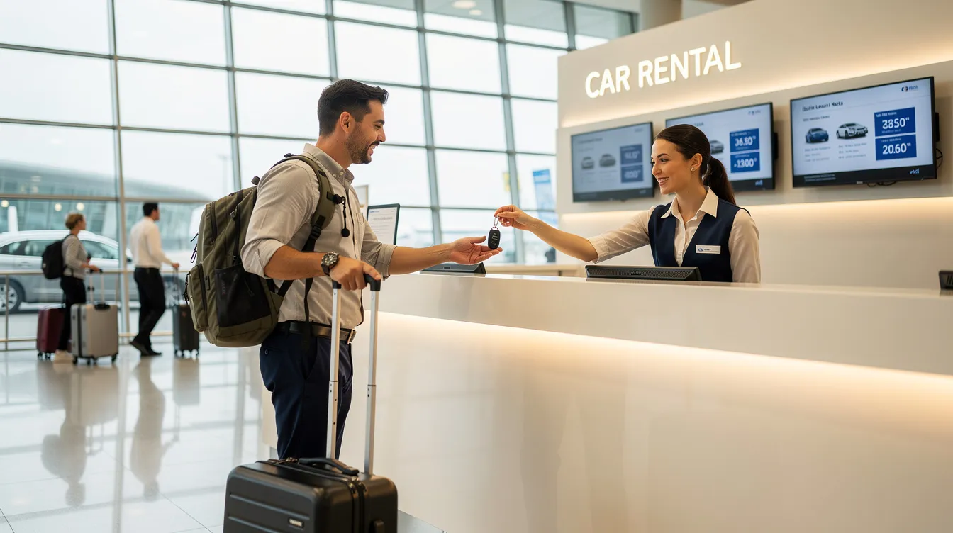A traveler stands at an airport counter, happily receiving car keys from a smiling rental agent, with a suitcase by their side. This scene highlights the efficient service provided by car rental businesses, showcasing the personal touch of customer interactions in vehicle bookings.