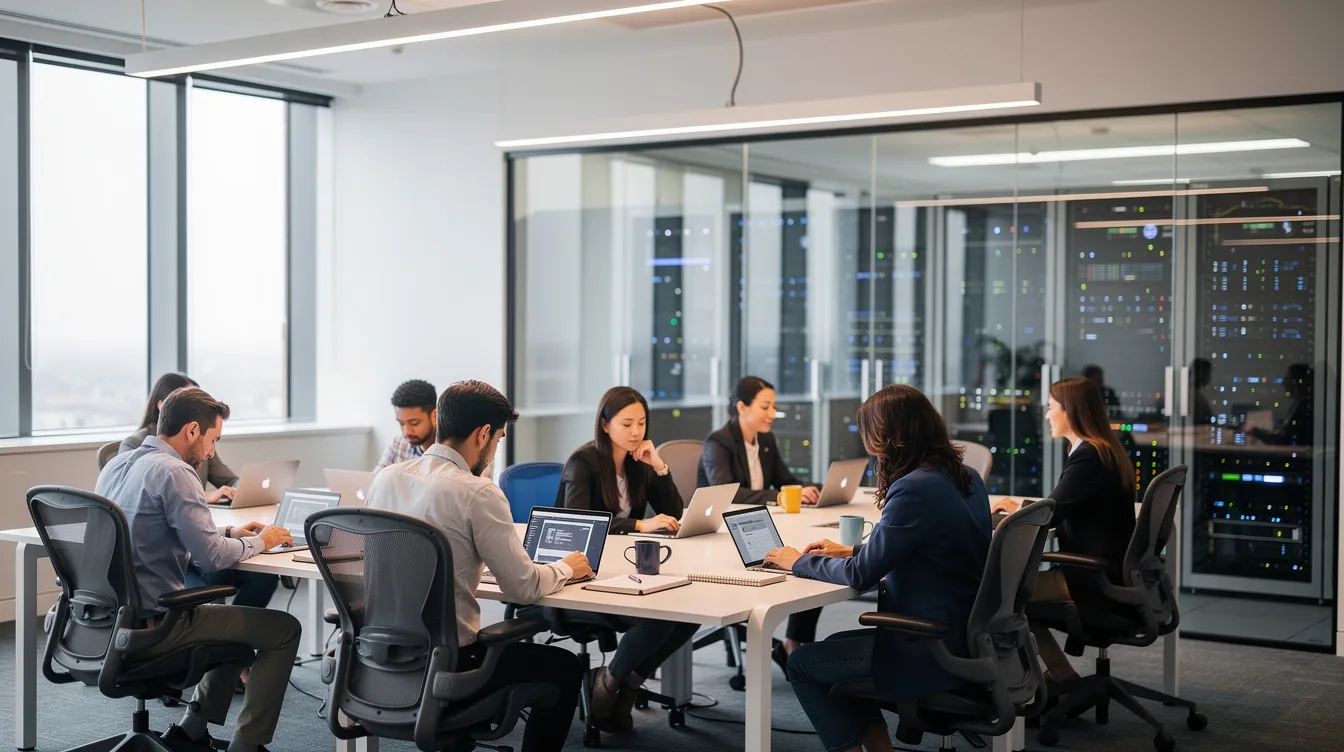 The image depicts a busy office environment where employees are focused on their laptops, with servers visible in the background, highlighting the integration of technology and artificial intelligence in the workplace. This setting reflects the future of work, where data-driven operations and large language models play a crucial role in shaping company performance.