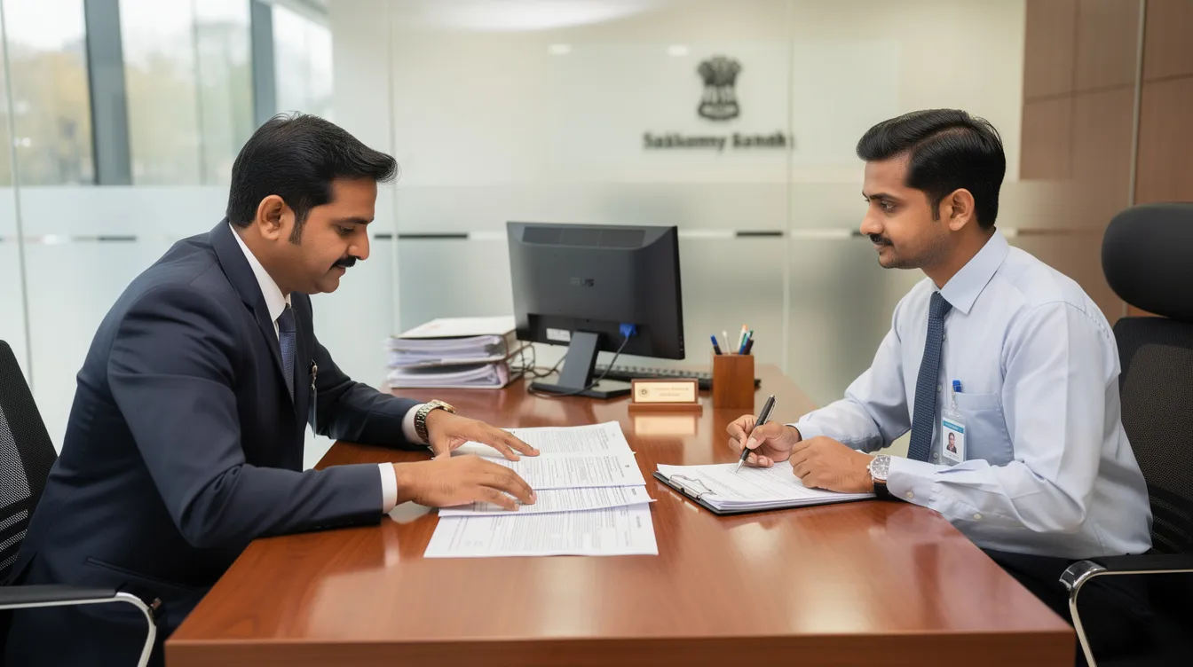 be5c68dd 6bd6 40aa b467 705b4995313c An entrepreneur in India is seated across a desk from a bank officer, discussing various loan documents related to the Pradhan Mantri Mudra Yojana. They are likely reviewing eligibility criteria for mudra loans to support small businesses and micro enterprises, focusing on financial assistance options available through commercial banks and small finance banks.