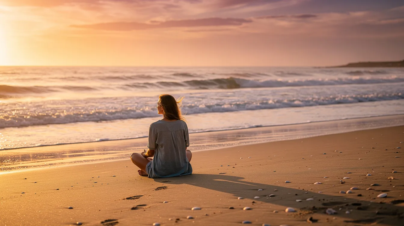 A person sits peacefully on a beach at sunset, gazing at the ocean waves, embodying a moment of emotional well-being amidst the stresses of life. This tranquil scene highlights the importance of mental health and the need to cope with everyday challenges for overall wellness.