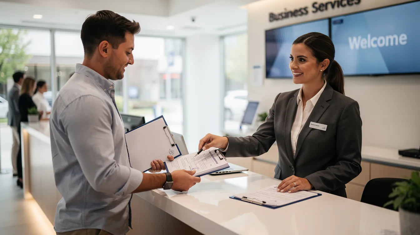 be5d6405 b0a2 4f41 9281 45d94bd7f378 A small business owner stands at a bank counter, receiving official documents from a bank officer, likely related to their loan account closure. The documents confirm the full repayment of a personal loan, including a noc certificate that serves as legal proof for future loans.