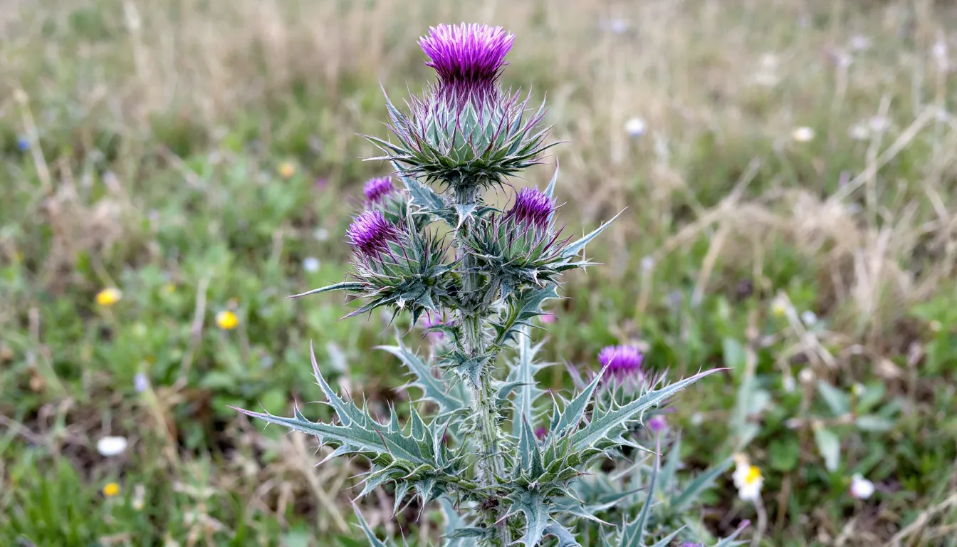 The image depicts a vibrant milk thistle plant, characterized by its striking purple flowers and spiky green leaves, thriving in a sunlit field. This plant, known scientifically as Silybum marianum, is often associated with various health benefits, particularly in promoting liver health and supporting liver function in individuals with liver diseases.