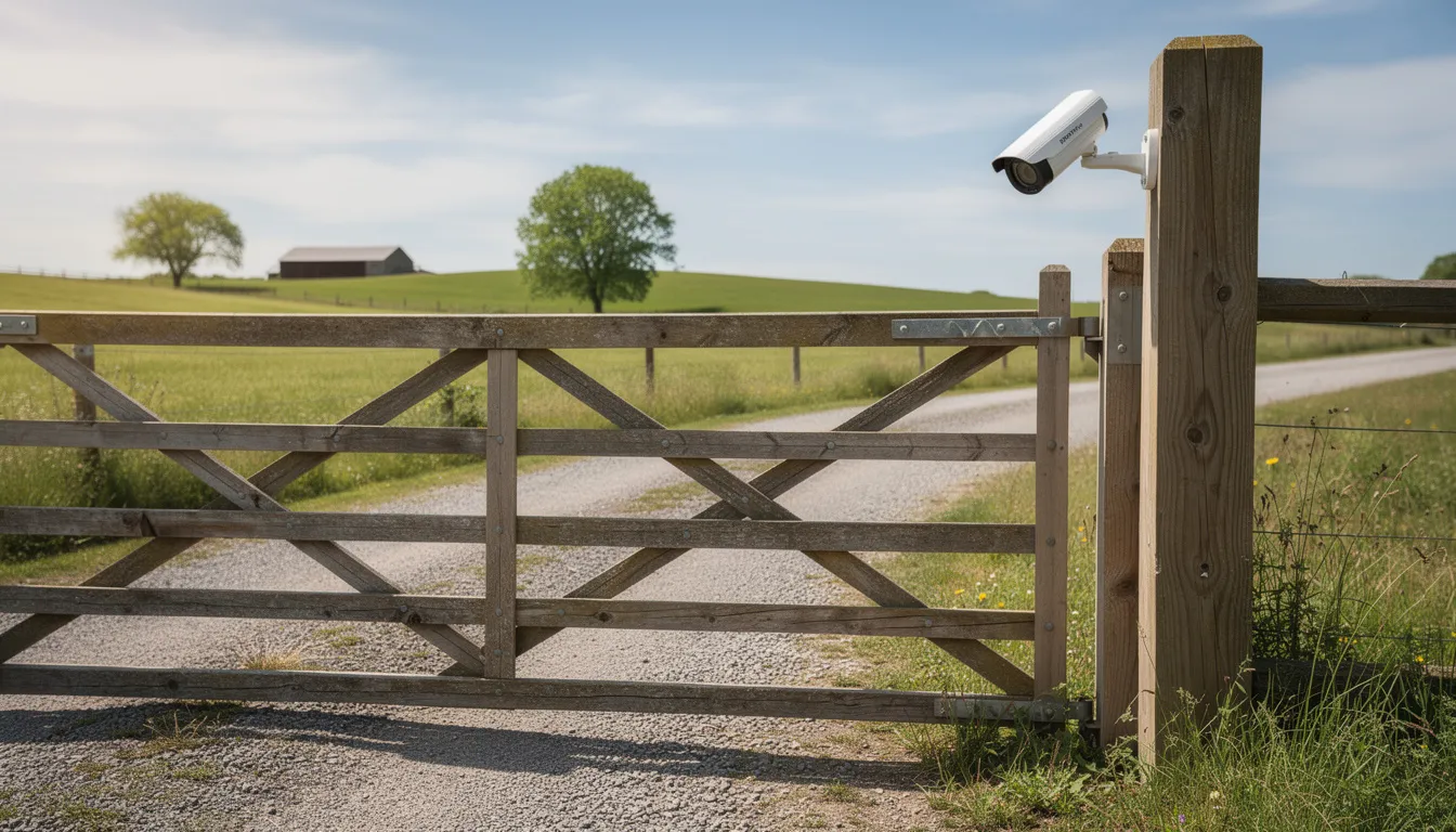 The image shows a rural property gate with a security camera mounted on a wooden post, providing surveillance for the entrance. This outdoor security camera is part of a comprehensive security system designed to deter intruders and ensure safety for residential and commercial properties.
