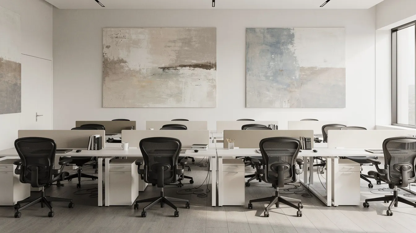 En modern arbetsmiljö med ljusa väggar och skrivbord i förgrunden, där abstrakta konstverk i dämpade färger pryder rummet. Tavlor till kontoret speglar företagets värderingar och skapar en inspirerande atmosfär för de anställda.