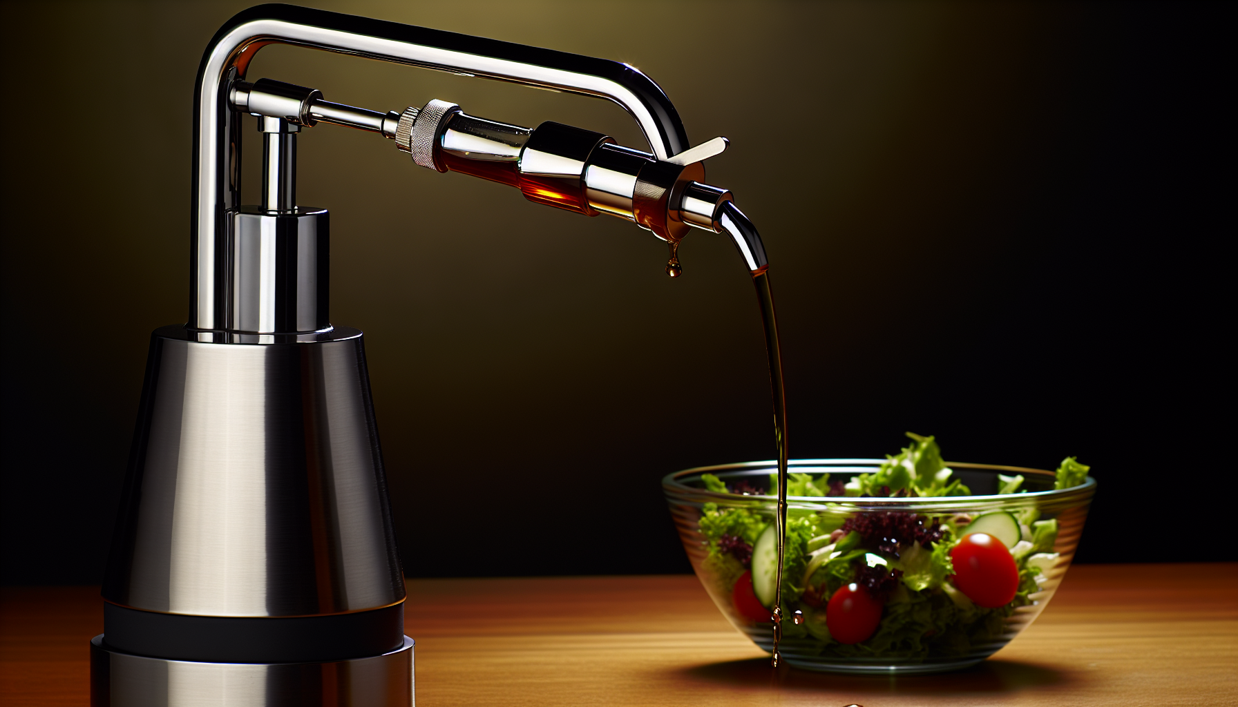 A close-up of a precision pouring spout releasing vinegar into a salad bowl