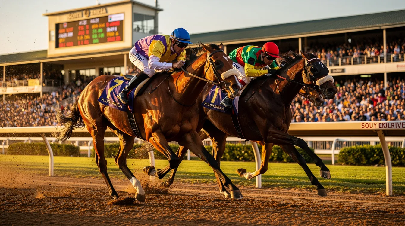 The image captures two racehorses competing fiercely in a neck-and-neck finish at a South African horse racing track, with spectators cheering in the background. This thrilling moment highlights the excitement of horse racing events, often featured in online sports betting and popular among sports fans.