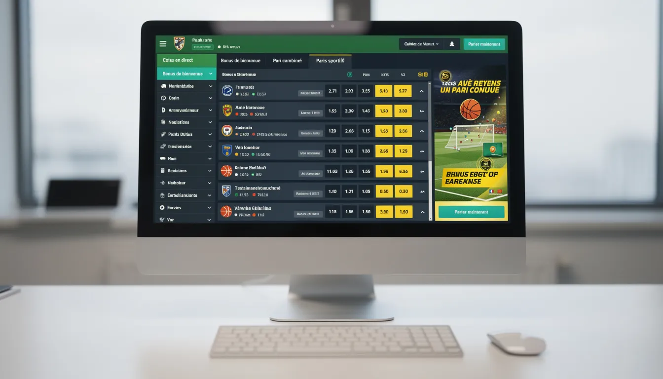 L'image montre un écran d'ordinateur affichant des cotes et des bonus pour les paris sportifs en ligne, mettant en avant des options de paris sur divers événements sportifs au Québec et au Canada. Les informations présentées incluent des détails sur les gains potentiels et les promotions offertes par les meilleurs sites de paris.