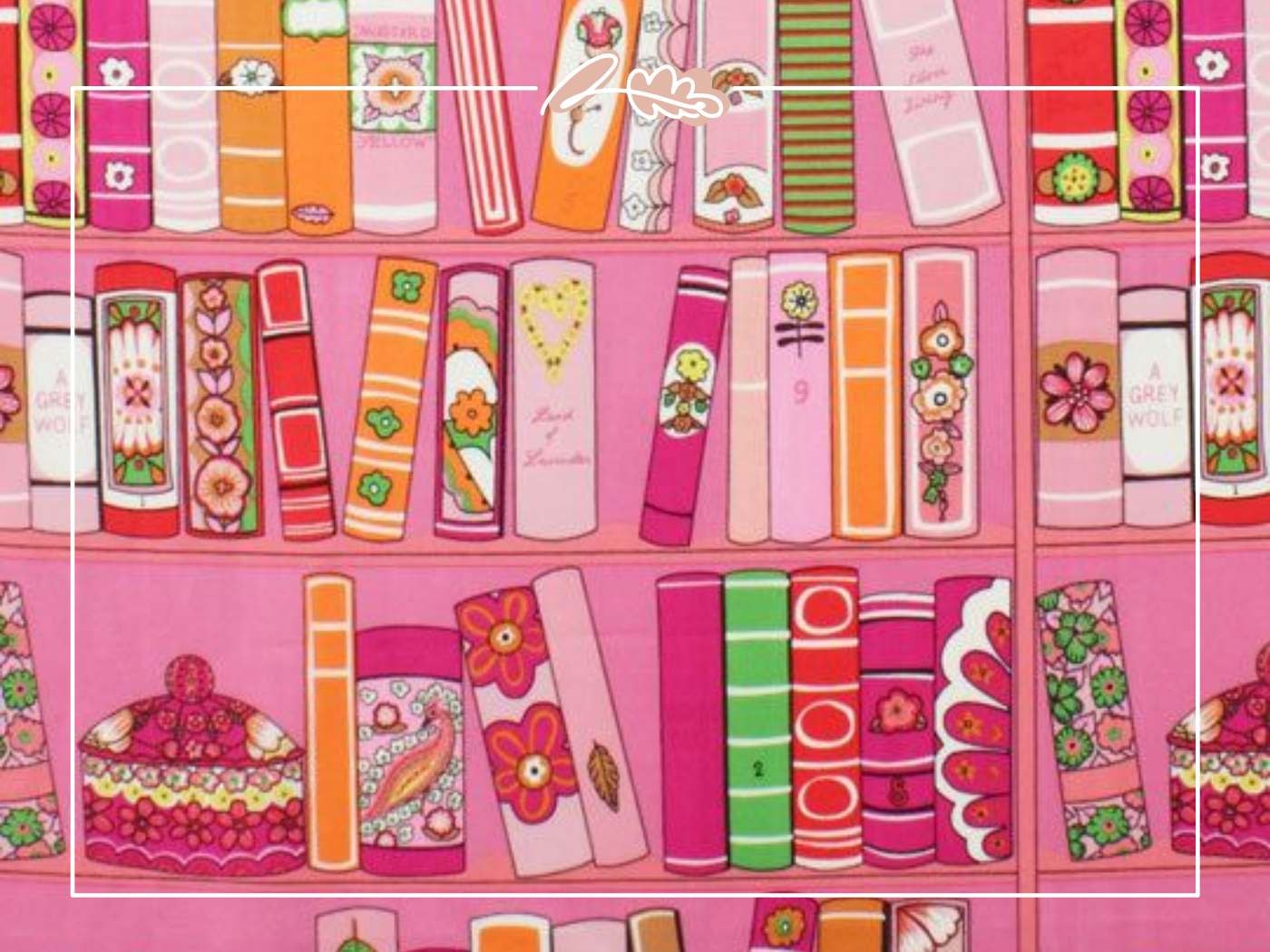 A vibrant, pink-themed bookshelf illustration with floral designs, showcasing a collection of decorative books.