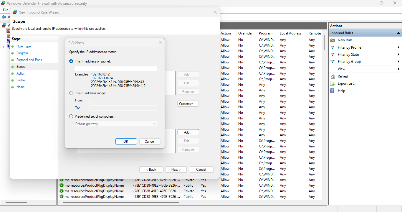 IP Address dialog box in the New Inbound Rule Wizard showing fields for entering a specific IP address, subnet, IP address range, or predefined set of computers.