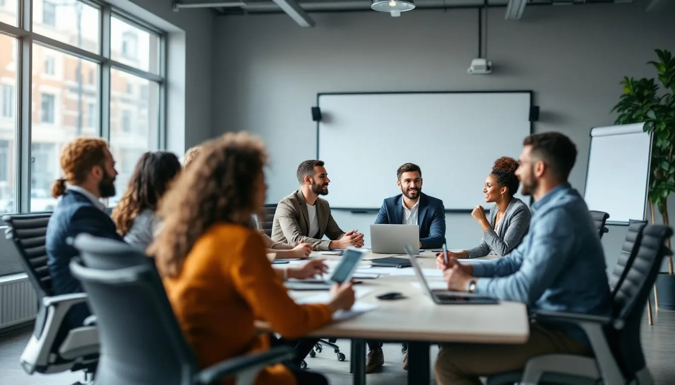 In the image, a diverse group of business professionals participates in a leadership training session, actively engaging in discussions and activities that focus on developing leadership skills and enhancing employee engagement. The atmosphere reflects a commitment to professional development and fostering a positive work environment that supports organizational success.