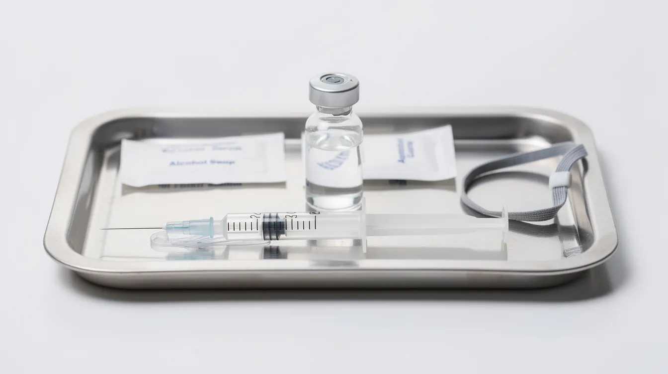 A close-up view of a clean medical tray displaying injection supplies alongside a small medication vial, all set on a white surface. This image may relate to weight loss medications and treatments for obesity, emphasizing the importance of healthcare in managing body weight and promoting healthy habits.