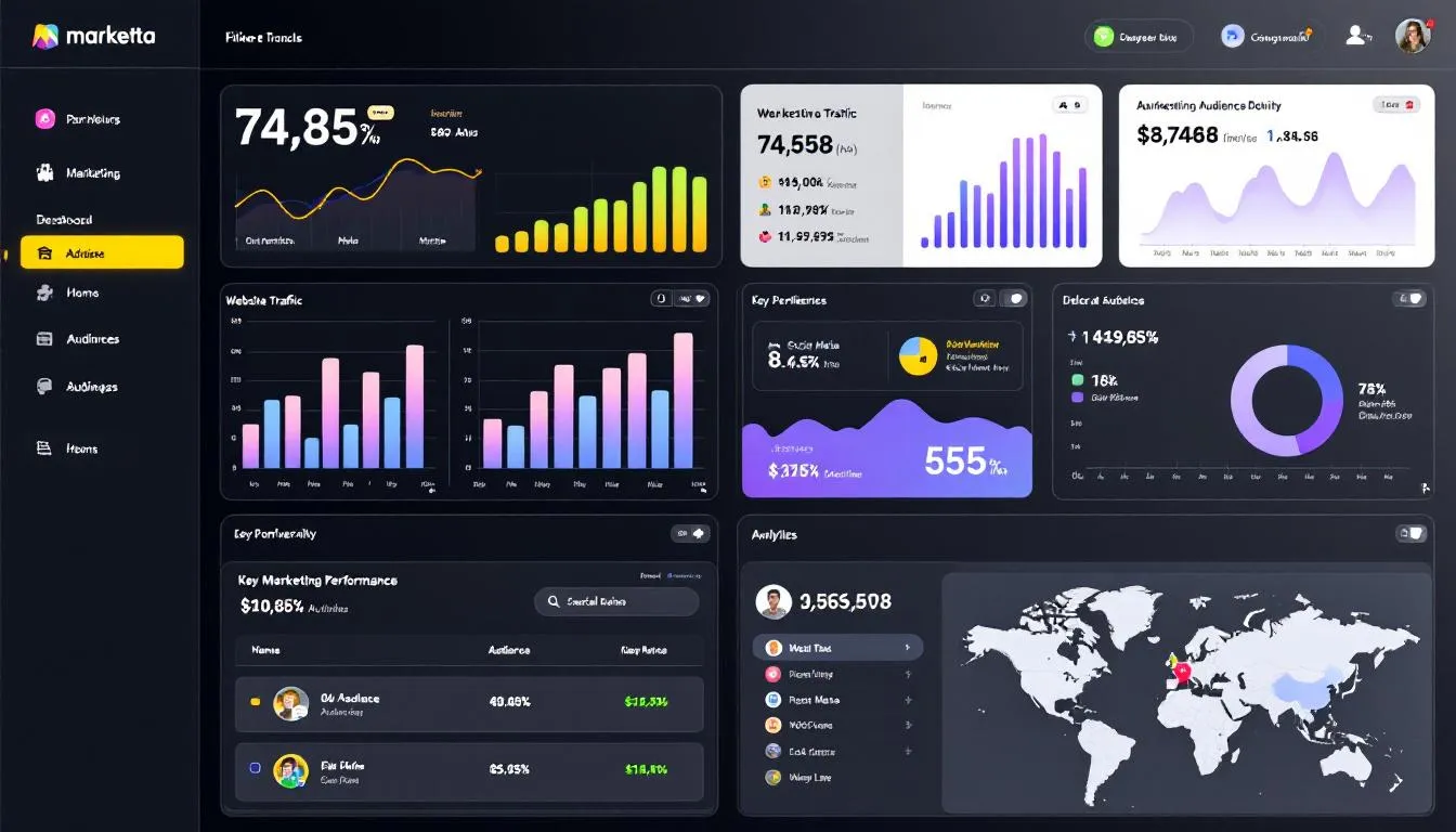 The image displays a dashboard filled with various marketing performance metrics and analytics charts, showcasing data relevant to SaaS marketing services. Key performance indicators and visualizations illustrate the effectiveness of marketing strategies and campaigns for SaaS companies, emphasizing insights for business growth and customer acquisition.