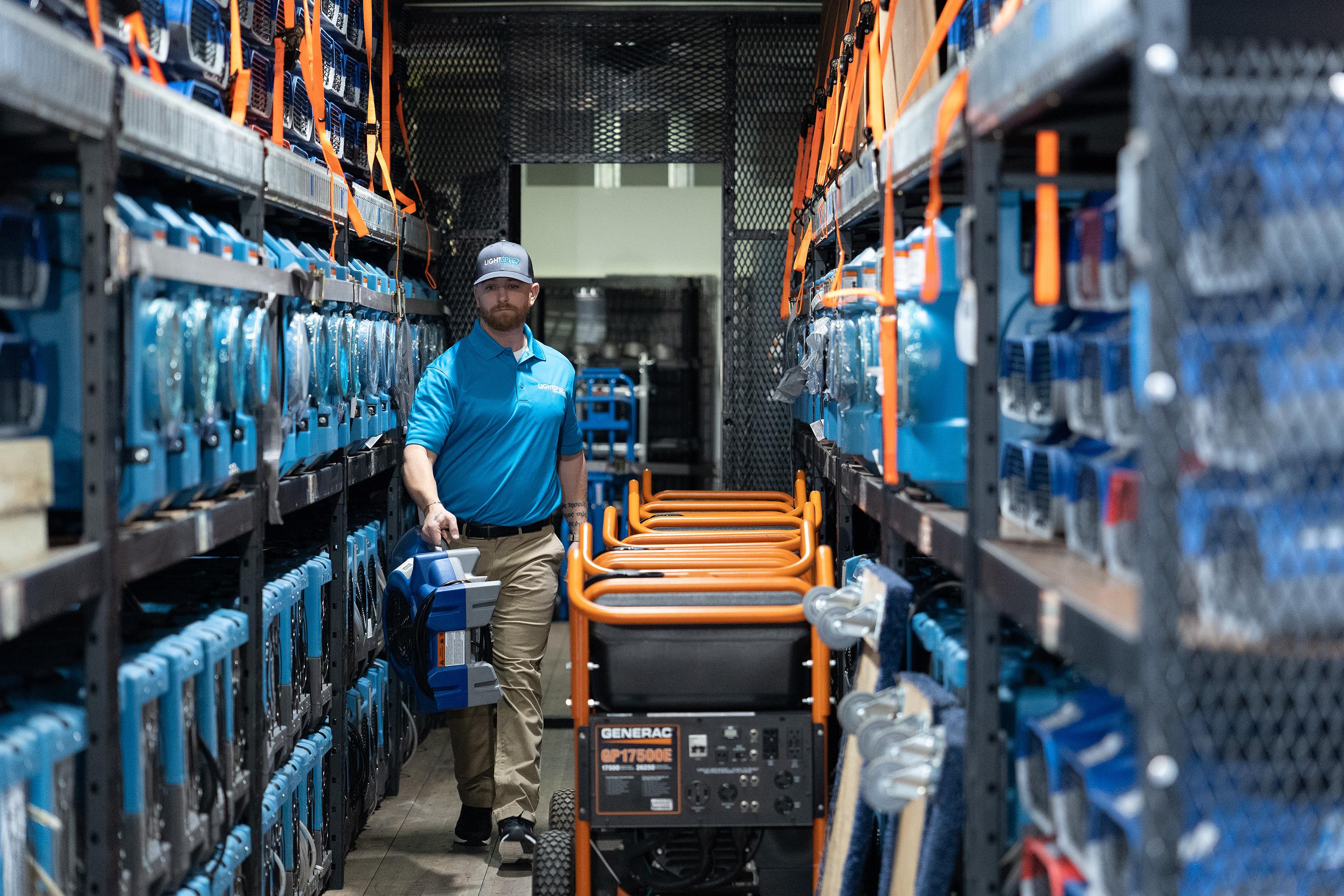 The image shows commercial drying equipment ready for deployment.
