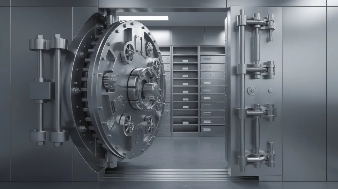 The image depicts a secure steel vault door partially ajar, revealing neatly organized metal storage filled with various precious metals, including gold bullion and silver coins. This setup highlights the importance of secure storage for precious metals investments, often utilized in retirement portfolios through gold IRA companies.